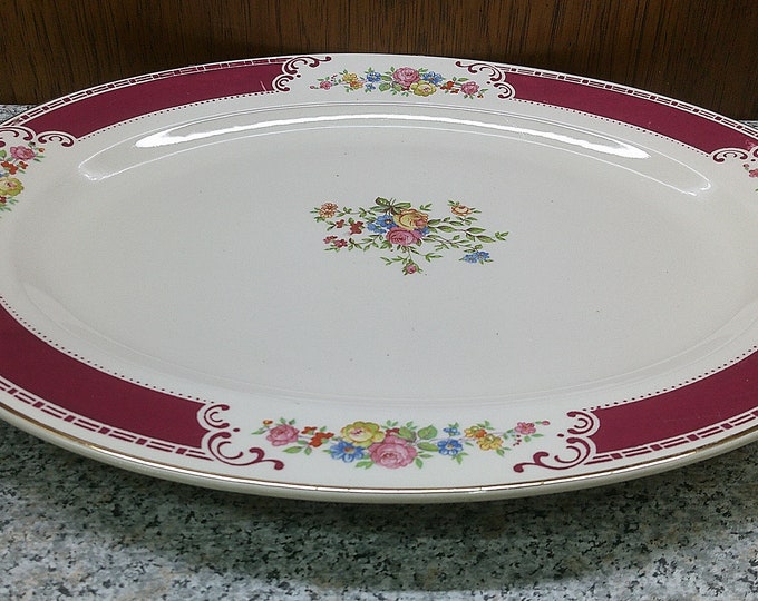 2407 Homer Laughlin 13.5" Oval Serving Platter K45N6 Burgandy Red Trim Gold Rim - Great Condition