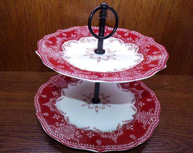 2508 222 Fifth Winter Lace Fine Porcelain 2 Tier Server - 10" Base & 8.5" Top - Excellent Condition