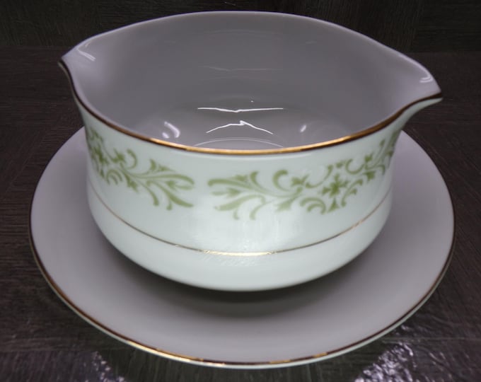 2602 Allegro Green Floral Fine China Gravy Boat w/ Attached Underplate Made in Japan - Great Condition