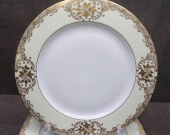2603 Meito Vintage 1936 Hand-painted China 9.75" Dinner Plates Set of 4- 22 kt Gold Flowers & Scrolls w/ Cream Rim - Great Cond. Little Wear