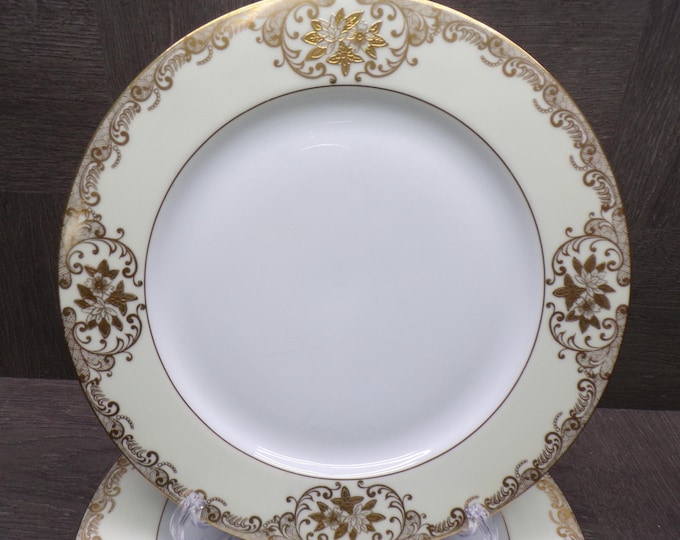 2603 Meito Vintage 1936 Hand-painted China 9.75" Dinner Plates Set of 4- 22 kt Gold Flowers & Scrolls w/ Cream Rim - Great Cond. Little Wear
