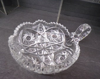 2305 American Brilliant Period Cut Crystal Hobstar Bowl Sawtooth Cut Rim with Thumb Ring Handle - 1910s Vintage
