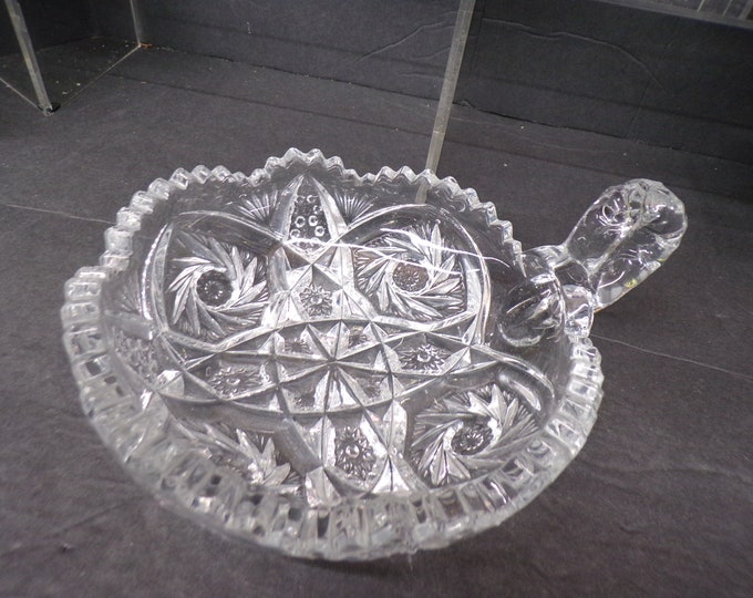 2305 American Brilliant Period Cut Crystal Hobstar Bowl Sawtooth Cut Rim with Thumb Ring Handle - 1910s - Great Condition