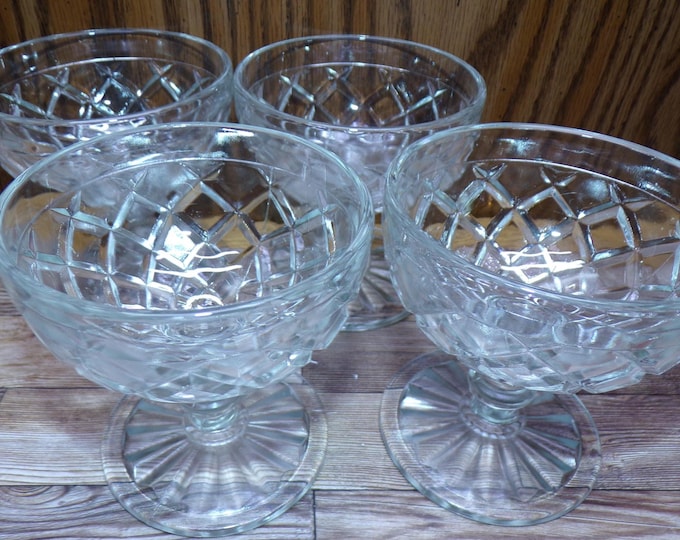 2509 Anchor Hocking Waterford Waffle 3.5" Vintage Clear Glass Footed Sundae /Sherbet Dessert Cups Set of 4 - Great Condition