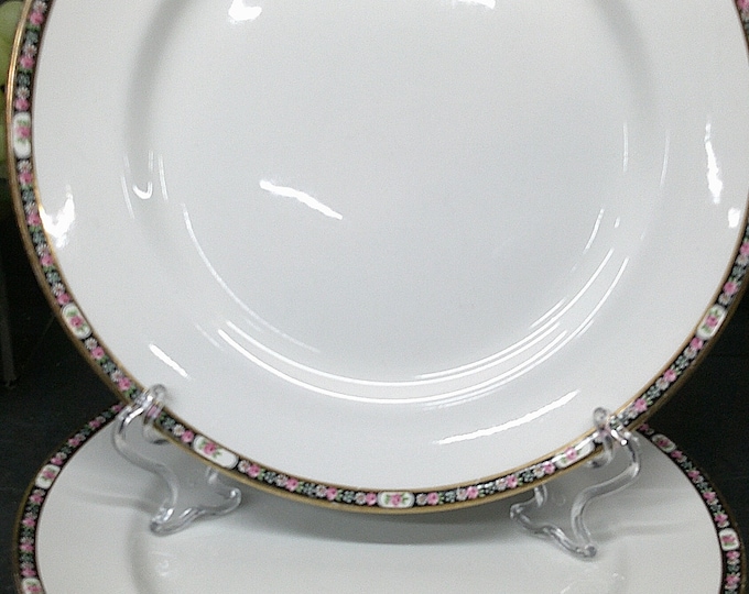 2402 John Maddock & Sons Royal Vitreous Mad 7 Black Band Gold Rim 9.75" Dinner Plates Vintage Set of 4- Good Cond. Some Wear on Gold Rim