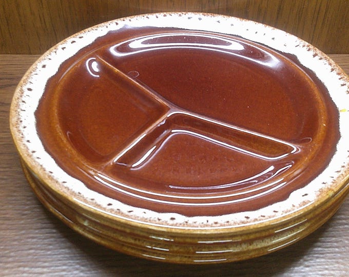 2501 Brown Drip Glaze 10.5" Divided Pottery Plates Made in USA - Good Condition Light Scratches No Chips or Cracks