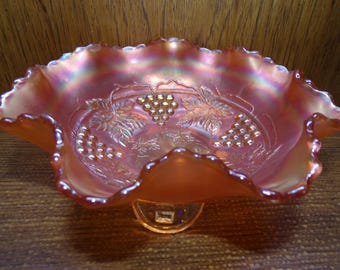 2507 Fenton Iridescent Marigold Carnival Glass 8" Vintage 3 Footed Bowl- Grape & Cable Design - Good Condition Looks Great Chips on Feet