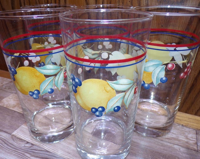 2511 Corelle Fruit Abundance Pattern 6" 16 oz Tumblers Set of 5 Thick Bottom - Great Condition