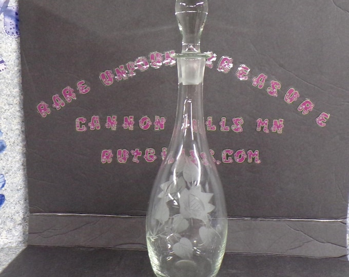 2212 Beautiful Glass Whiskey Decanter with Etched Flowers Vintage 16" Tall with Stopper - No Chips or Cracks