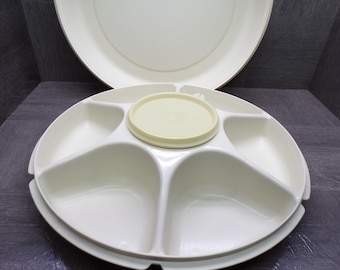 2603 Tupperware Vintage 4 pc Set Almond Divided Vegetable Transporter, Keeper, Tray with Dip Bowl 2 Lids - Good Cond. Some Wear & Scratches