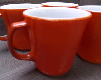 2608 Pyrex Corning Milk Glass Vintage 1970's Classic D Handle Mugs 3.5" Set of 4 Burnt Orange Rust