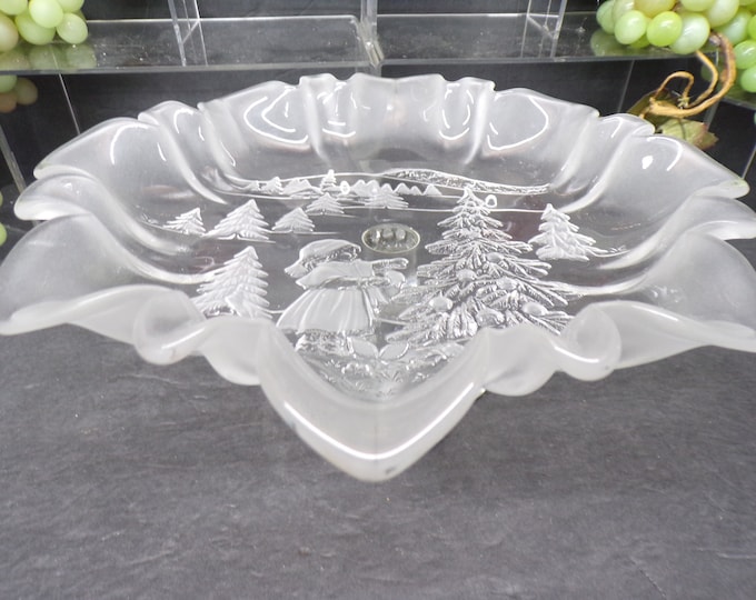 2309 Mikasa Christmas Story Footed Bon Bon Crystal Holiday Serving Plate with Ruffled Satin Edges - Excellent Condition