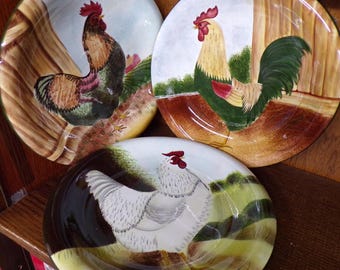 2507 Sakura On The Farm 10.25" Vintage Dinner Plates Set of 3 Roosters by David Carter Brown - Great Condition