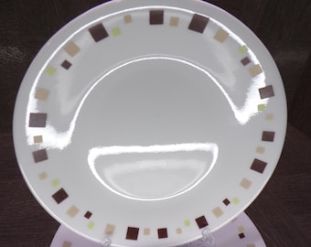 2602 Corelle Geometric Chocolate 6.75" Bread / Dessert Plates Set of 6 Vintage - Brown, Tan, Green Squares - Great Condition