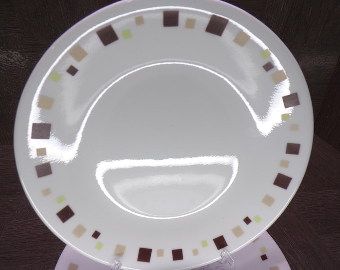 2602 Corelle Geometric Chocolate 6.75" Bread / Dessert Plates Set of 6 Vintage - Brown, Tan, Green Squares - Great Condition