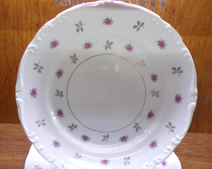 2507 Rosette Fine China Vintage Platinum Accent Pink Roses 10" Dinner Plates Set of 4 Made in Japan Scalloped Platinum Rim - Great Condition