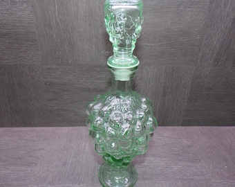 2606 Teal Glass Vintage Grape Cluster Genie Bottle Decanter 8.5" Tall - 11" Tall w/ Stopper