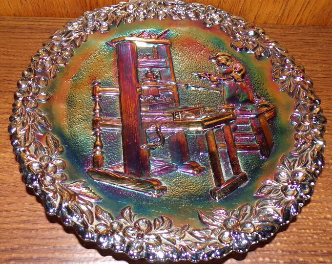 2503 Fenton 8" Iridescent Amethyst Carnival Glass Vintage Plate - #2 American Craftsman Series Printing Press Printer 1971 - Great Condition