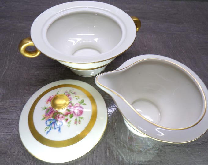 2602 Theodore Haviland New York Kenmore Cream & Sugar Set with Lid- Good Condition w/ a Few Scratches on the Gold Accent