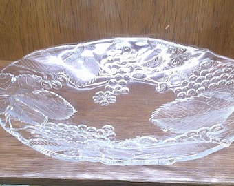 2410 Embossed Fruit Clear Glass Centerpiece 16" Oval Bowl - Great Condition with a Few Tiny Scratches