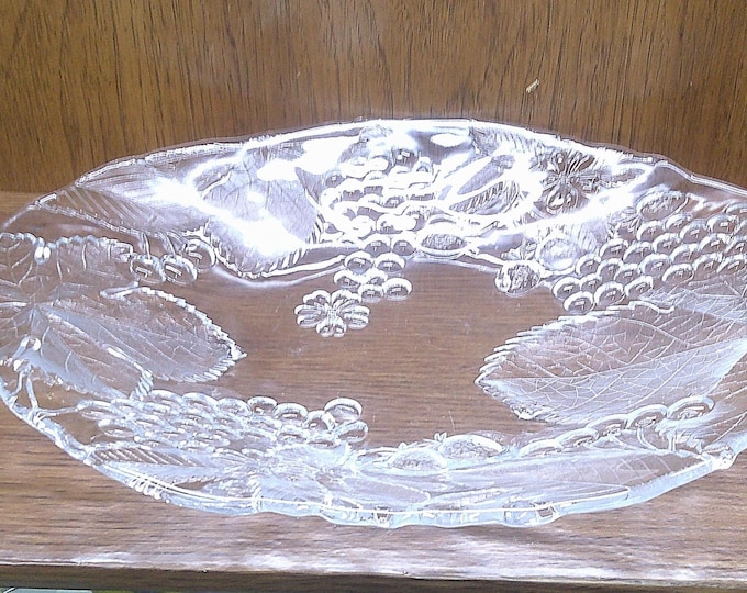 2410 Embossed Fruit Clear Glass Centerpiece 16" Oval Bowl - Great Condition with a Few Tiny Scratches