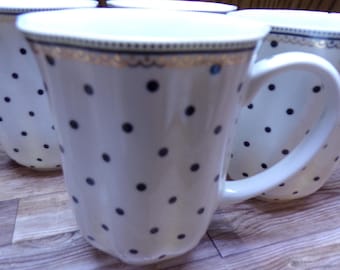 2509 Grace Teaware Josephine 4.25" 12 oz Black Polka Dot Mugs Cups w/ Gold Accents - Chip on 1 Rim Otherwise Excellent Condition