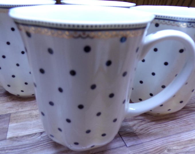 2509 Graces Teaware Josephine 4.25" 12 oz Black Polka Dot Mugs Cups w/ Gold Accents - Chip on 1 Rim Otherwise Excellent Condition