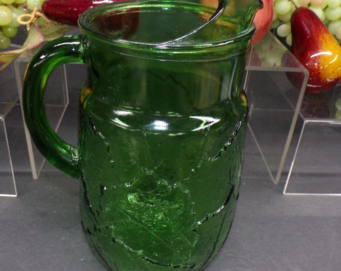 2302 Anchor Hocking Sherwood Spearmint Green Glass 10" Vintage Pitcher - Embossed Leaves - Good Condition
