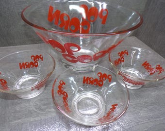 2603 Wheaton Glass Vintage 4 pc Popcorn Bowl Set One 10.5" Bowl & Three 5" Bowls - Good Condition Tiny Smooth Chip on a 5" Bowl