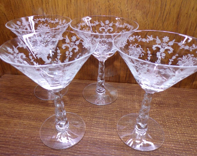 2506 Fostoria Glass Mayflower 5.5" 6 oz Vintage Champagne Glasses Set of 4 Etched Floral Cornucopia w/ Twisted Stem - Great Condition