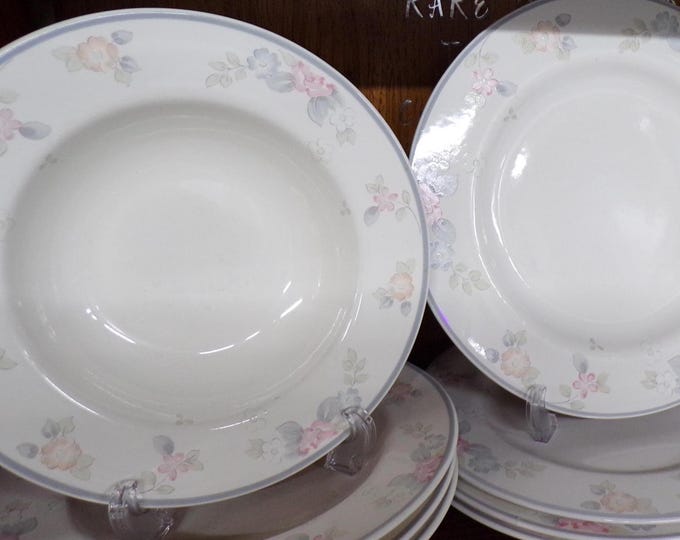 2506 Pfaltzgraff Wyndham Stoneware Set of 12 Pink Roses- 4 each 9" Rimmed Bowls, 10.5" & 8.25" Plates - Pretty Good Cond. Some Wear No Chips