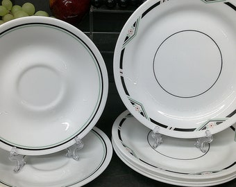 2402 Corelle Zenith Black Green W/ Pink Flowers 7 pcs - (5) 7.25" Bread Plates & (2) 6.25" Saucers - Great Condition