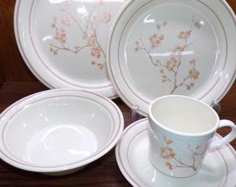 2505 Cornerstone by Corning China Blossom Dinnerware Made in the USA Vintage 1983 Orange Tan Floral On Sandstone Beige- Great Cond.- Choice: