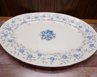 2508 Manor House True China Blue Lace Vintage 12.5" Oval Platter Blue / Gray Floral - Great Condition