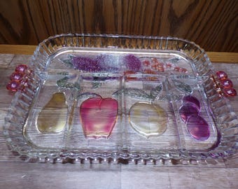 2508 Indiana Glass Rainbow Mist Embossed Fruit Pattern Rectangular Divided Relish Platter Tray Vintage 12.5" x 9" - Great Condition
