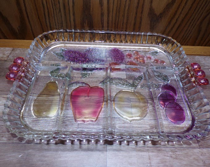 2508 Indiana Glass Rainbow Mist Embossed Fruit Pattern Rectangular Divided Relish Platter Tray Vintage 12.5" x 9" - Great Condition