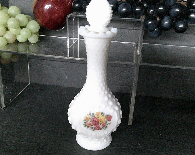 2401 Avon White Milk Glass Hobnail 1970's Vintage 8" Bottle & Stopper - Yellow Orange Flowers - Good Condition