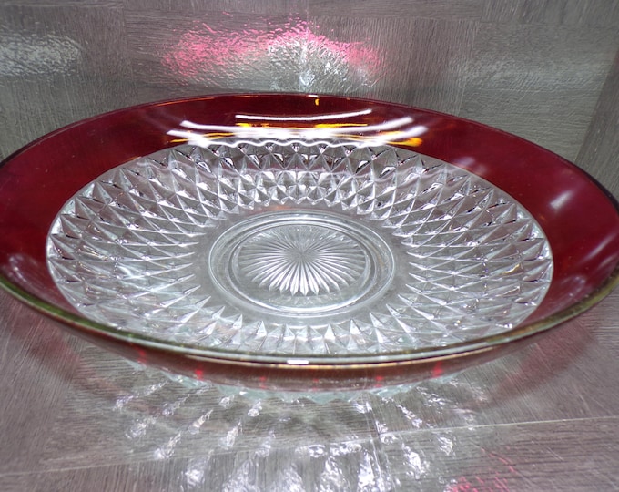 2602 Indiana Glass Diamond Point Vintage 13.5" Serving Bowl with Ruby Flash Rim- Good Condition w/ Some Scratches on Rim