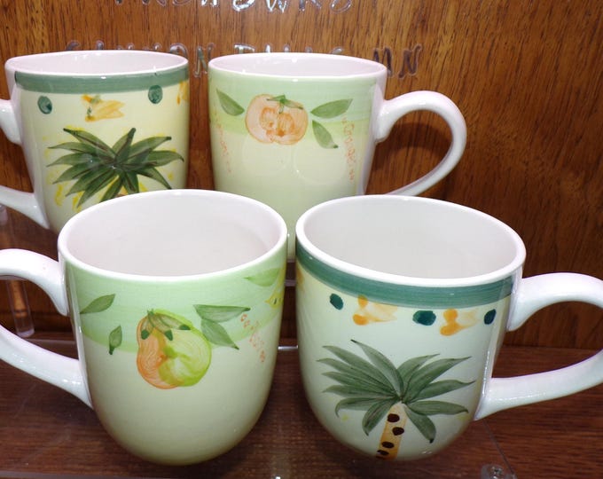 2505 Elegant Dining 12 oz Mugs Set of 4 - 2 Palm Tree & 2 Oranges - Great Condition