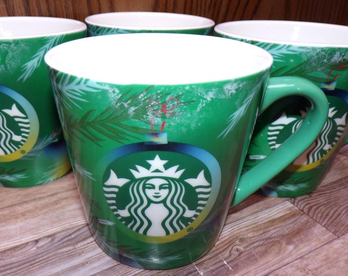 2511 Starbucks 2020 Christmas Winter Lights Holiday Ornaments Green 18 oz Mugs Set of 4- Great Condition 2 Have a Few Light Scratches Inside