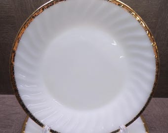 2608 Anchor Fire-king 9" Vintage Milk Glass Swirl Lunch / Snack Plate Gold Rim Set of 4