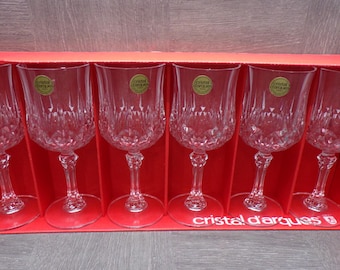 2602 Cristal D'Arques Paris 24% Lead Crystal 8 oz LongChamp 7.25" Set of 6 Stemmed Vintage Glasses - Excellent Condition in Original Box