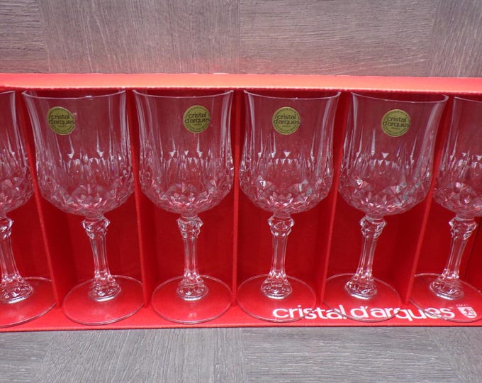 2602 Cristal D'Arques Paris 24% Lead Crystal 8 oz LongChamp 7.25" Set of 6 Stemmed Vintage Glasses - Excellent Condition in Original Box