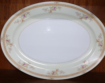 2507 Meito Fine China 16" x 12" Hand-painted Vintage Oval Platter Beautiful Floral Pattern w/ Gold Rim Made in Japan - Great Condition