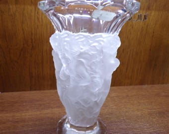 2507 Desna Bohemia 9" Small Wonders Vase Frosted Lead Crystal Embossed Nude Figural Man Woman Child - Czech Republic - Excellent Condition