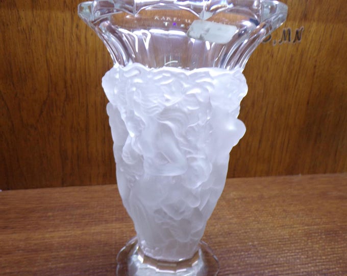 2507 Desna Bohemia 9" Small Wonders Vase Frosted Lead Crystal Embossed Nude Figural Man Woman Child - Czech Republic - Excellent Condition