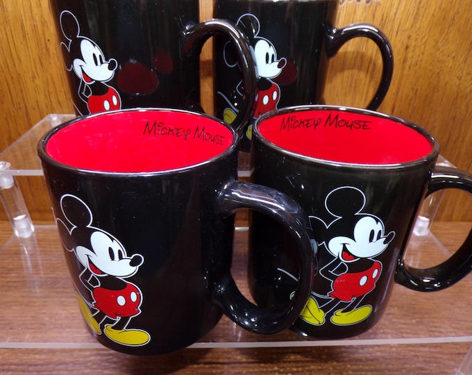 2503 Disney Mickey Mouse Mug 4" 10 oz Set of 4 Red Inside & Black Exterior - Great Condition