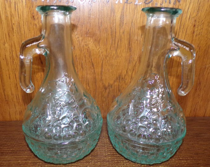 2507 Embossed Fruit Sage Green Tinted 8" Glass Cruets Set of 2 - Vinegar Bottles - Pre-owned Good Condition