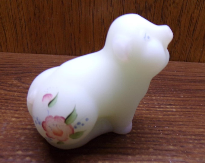 2501 Fenton Glass Vintage 3.5" Smiling Perky Pig White Satin w/Pink & Blue Flowers Hand-Painted Signed D. Cutshaw - Great Condition
