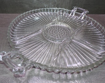 2507 Jeanette Glass National Clear 12.5" Vintage 2 Handle Ribbed Divided Dish 6 Section Platter